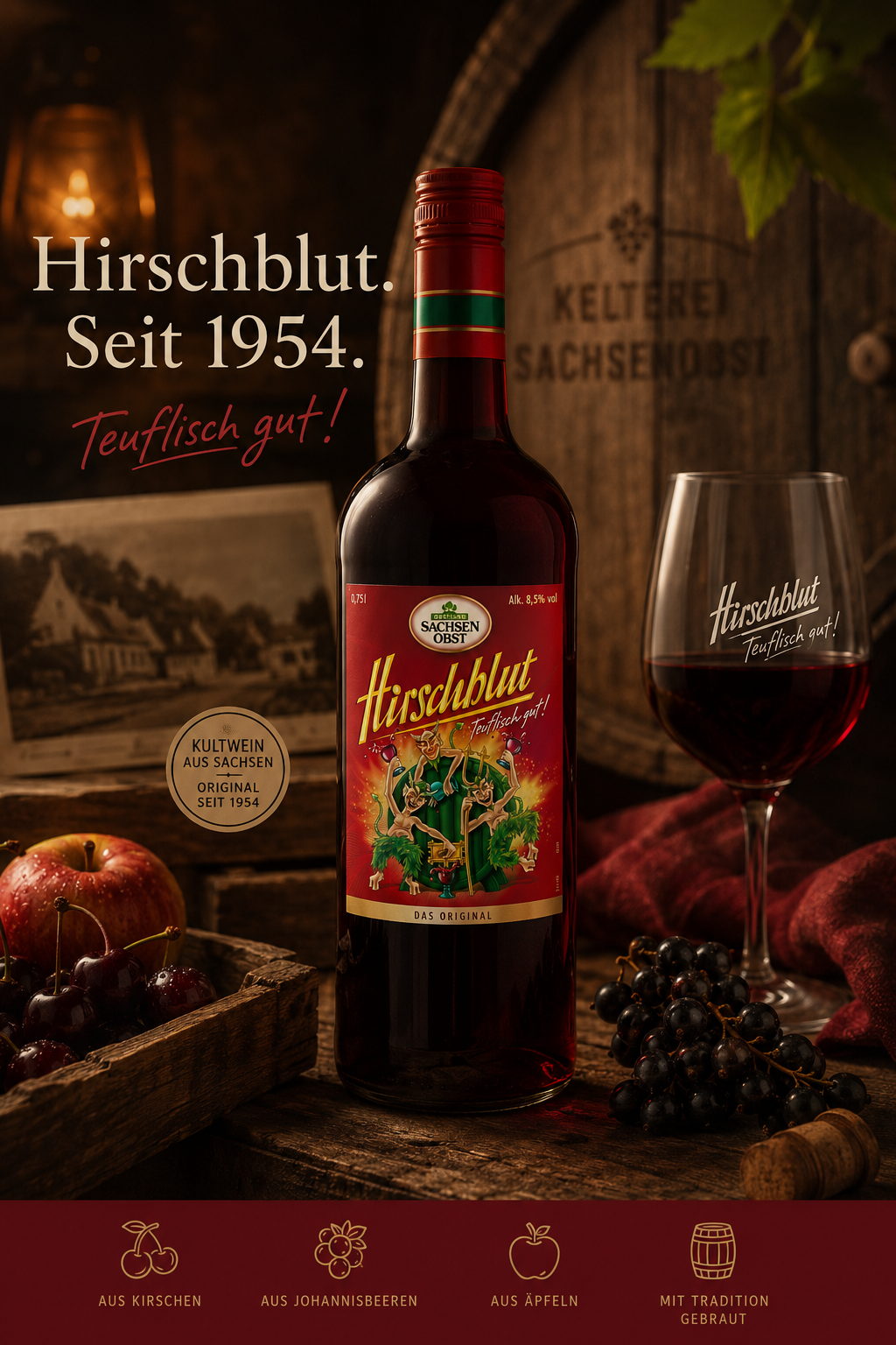 Hirschblut in der Kelterei mit Weinglas
