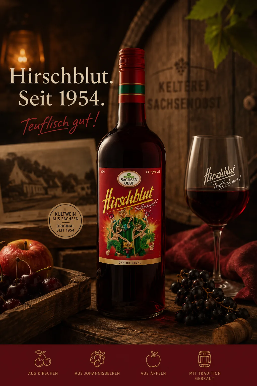 Hirschblut in der Kelterei mit Weinglas