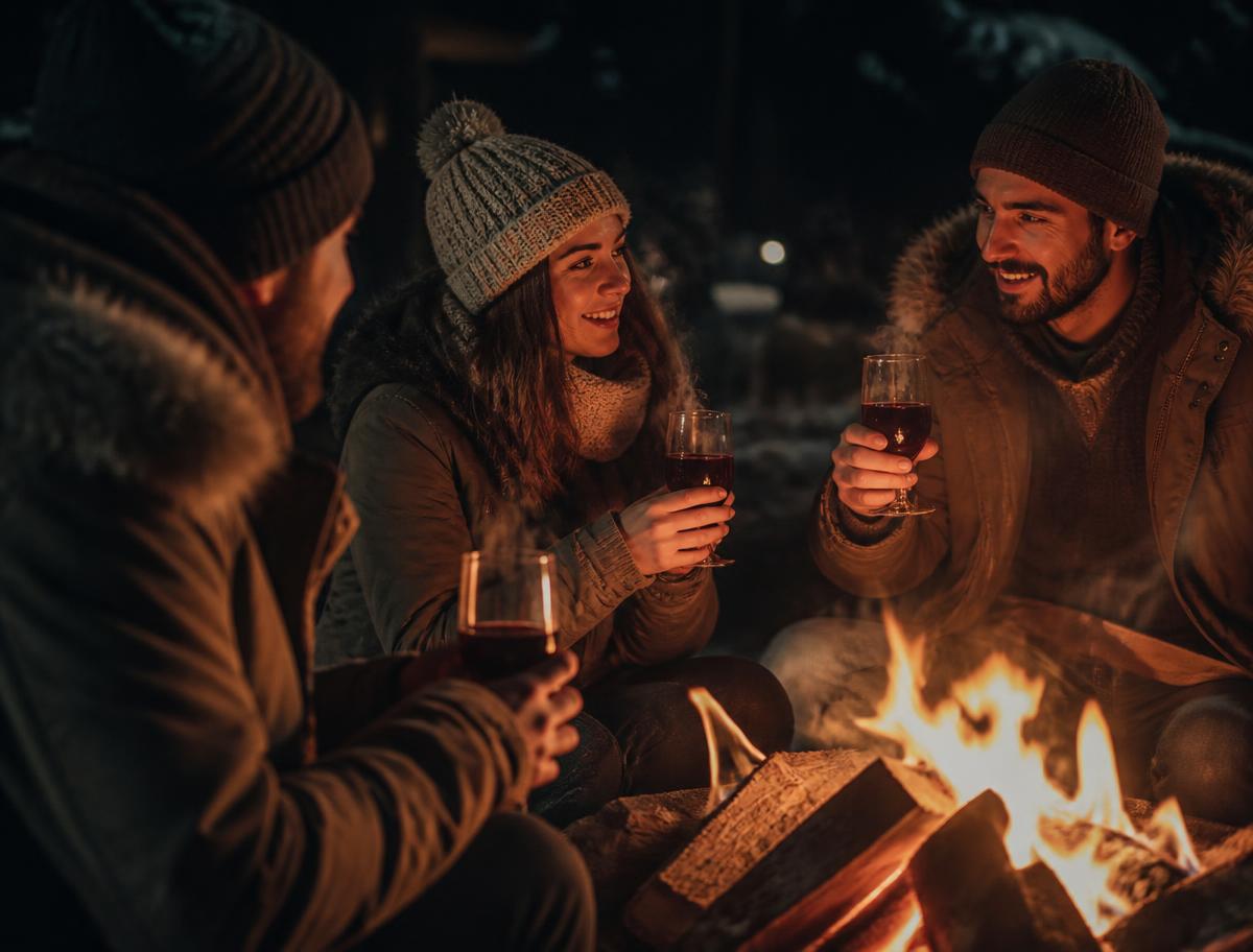 Freunde am Winterfeuer mit heißem Hirschblut im Glas