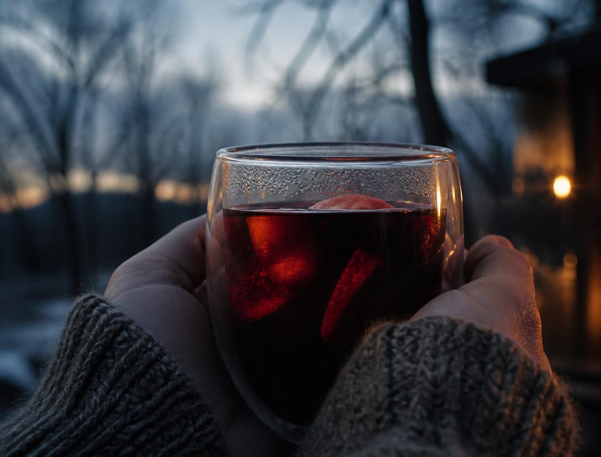 Hände halten ein Glas heißen Hirschblut nach dem Winterspaziergang