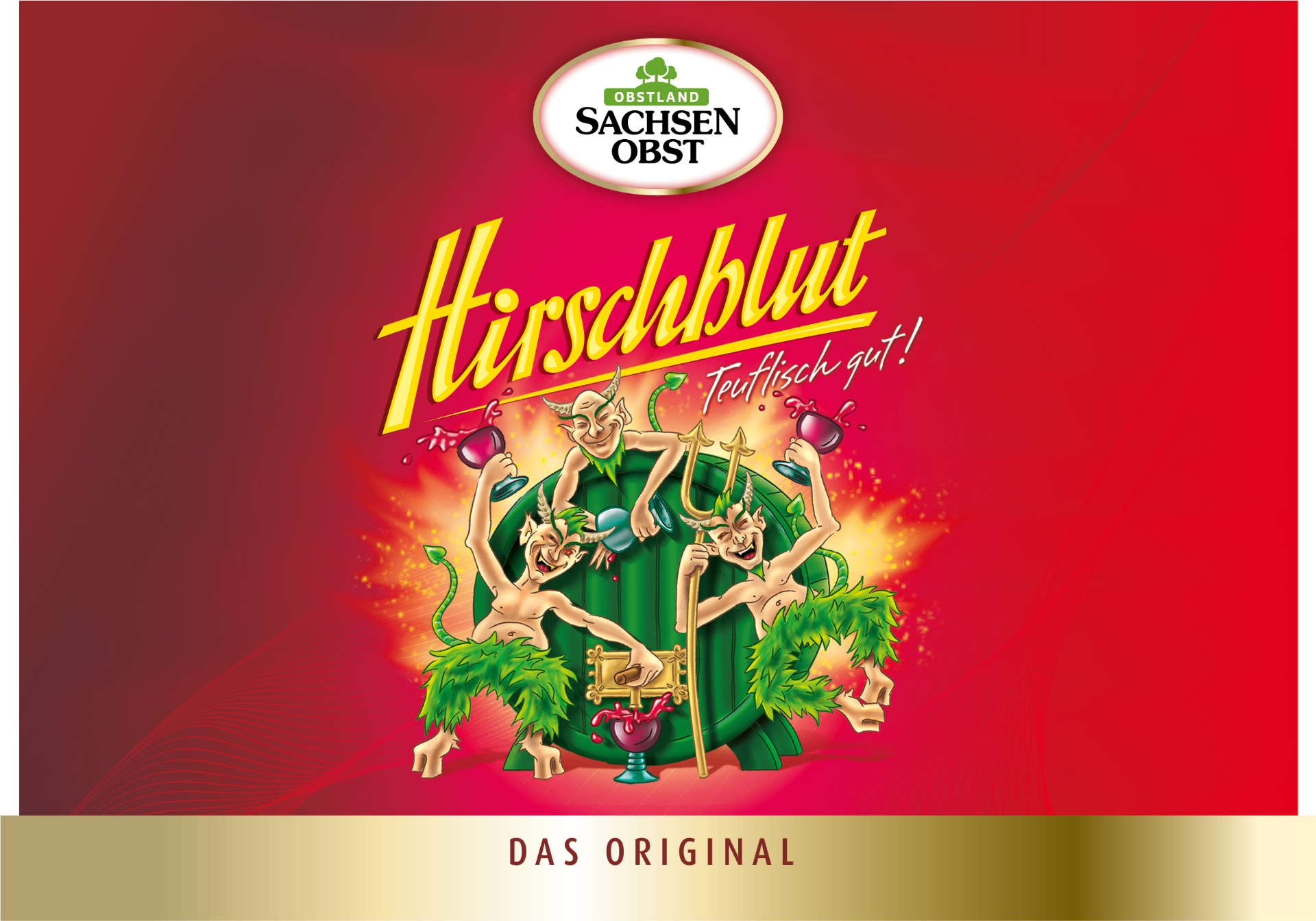 Etikett des Hirschblut Mehrfruchtweins mit goldenem Hirschmotiv auf dunklem Grund